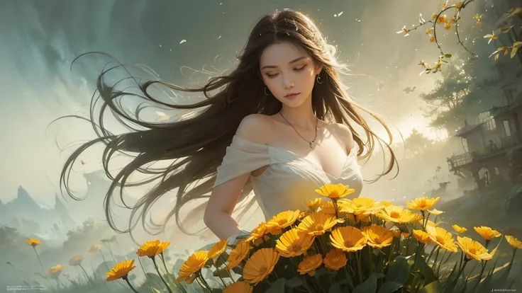 32k, Masterpiece, highest quality, One girl, Detailed eyes, flower,Sandersonia, Yellow and white style,A dreamy, romantic piece,Pale orange, Mysterious Leaves,A playful arrangement,Fantasy,High Contrast,Ink strokes,explosion,Exposure, Impression of yellow ...