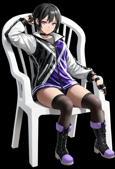 Tomboy girls, Sexy, Smart, Strong, muscular body, Tall Body, Short black hair, purple pupil eyes, black plain chokers, wear jacket, black Crop top, short black jeans, thick long black stocking, High black boots, fingerless black gloves, smile intimidate fa...