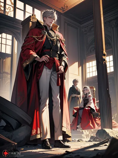 grey-haired, red-eyed the prince sits on a majestic throne inside an abandoned palace. the prince sits on a majestic throne inside an abandoned palace, 1 boy, blonde hair, Blue eyes, 20 years, Cold face, grin slightly, and covered with a dusty cloth. The p...