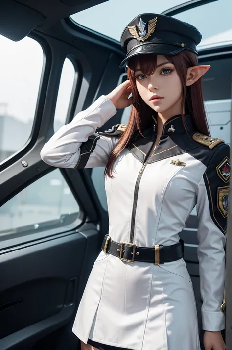 Create a highly detailed 3D rendering of a character named Ulc from SEGAs PSO2. The character is an elf-like female with pointed ears and long, straight, dark red hair. She wears a futuristic, military-style uniform with gray and white colors. (small milit...