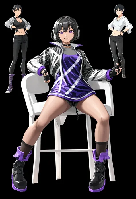 Tomboy girls, Sexy, Smart, Strong, muscular body, Tall Body, Short black hair, purple pupil eyes, black plain chokers, wear jacket, black Crop top, short black jeans, thick long black stocking, High black boots, fingerless black gloves, smile intimidate fa...