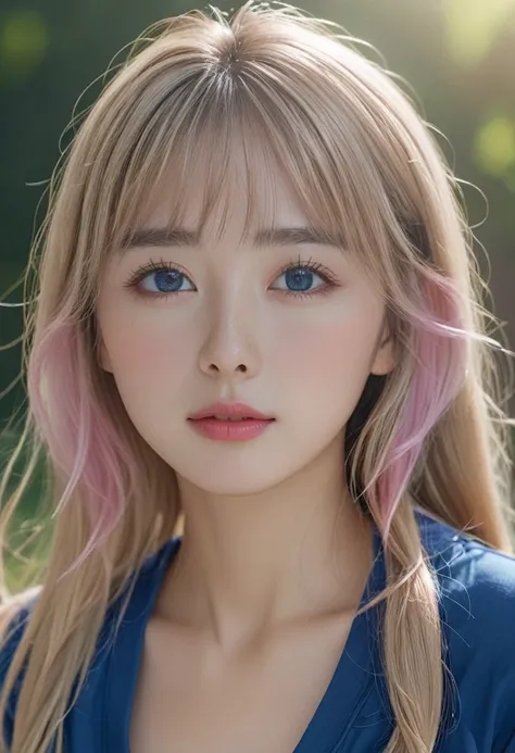 (1 girl, beautiful detailed eyes, beautiful detailed lips, extremely detailed eyes and face, long eyelashes, fine complexion, fair skin, white skin, upper body, nude, open-air bath, ridiculously long hair, blond hair, pink hair, bangs, hair ornaments, bows...