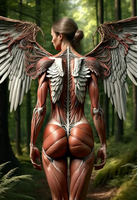 Description anatomique des muscles du dos dune femme avec des ailes marchant dans une forêt, ((wings attached to the shoulder blade)) , (hyperRéaliste, very detailed, anatomie parfaite)