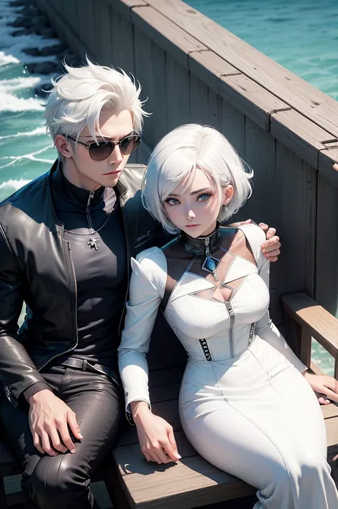 anime character with a young man, short white hair and a white jacket, a black zipper collar shirt, a black cyberpunk pants, anime handsome man, sunglasses, blue eyes, glowing eyes, royal styled, male anime character, sitting together with a young woman, a...