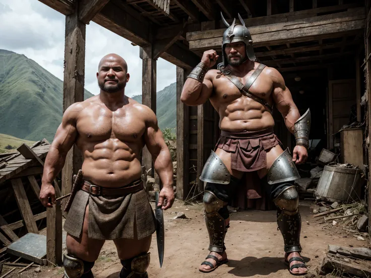 looking at us, Staring Intently, face focus, Bandit, Fat ferocious barbarian:2, This barbarian is a robust stocky Japanese, smirking, mid combat, intense battle scene, leather and iron armor, armored short skirt, holding a Viking War Axes, viking helmet, l...