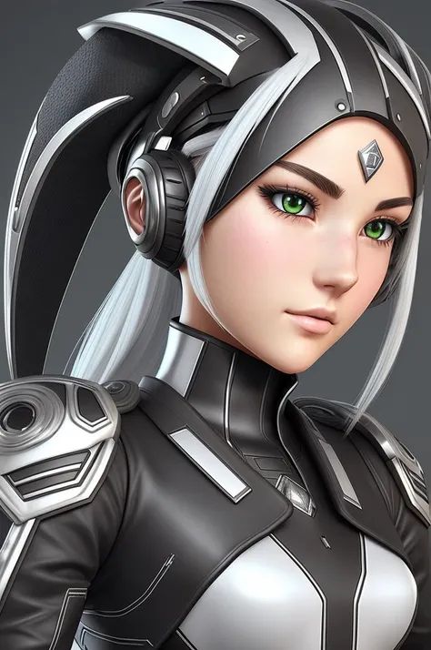 Create a highly detailed 3D rendering of a character named Ulc from SEGAs PSO2. The character is an elf-like female with pointed ears and long, straight, dark red hair. She wears a futuristic, military-style uniform with gray and white colors. (small milit...