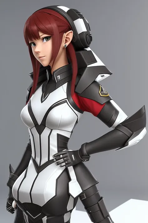 Create a highly detailed 3D rendering of a character named Ulc from SEGAs PSO2. The character is an elf-like female with pointed ears and long, straight, dark red hair. She wears a futuristic, military-style uniform with gray and white colors. (small milit...