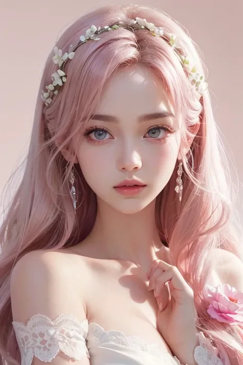 One girl,beautiful flower, Lisianthus ,Pink Background,Pale pink long hair,Delicate face,A dreamy, romantic piece,Fantasy, White off-the-shoulder dress,Pink Long Hair,Brush strokes, Negative Space,Fantasy,Lovely pink eyes,Pale pink,Soft glow，Barbie Princes...