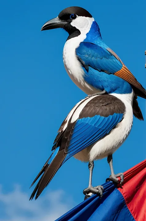 Un pajaro azul animado con una bandera 