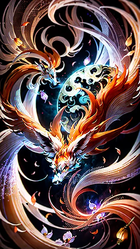 White nine-tailed fox, Chinese mythology, kitsune, Iris,  Peach Blossom Forest, Spectacular Clouds, Fantasy, mystery, --AR 3:4