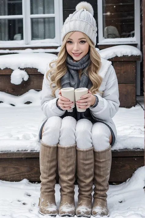 trileg, young woman with three legs, age 22, blonde, winter hat, winter clothes, warm leggings, snow boots, outside on a snowy w...