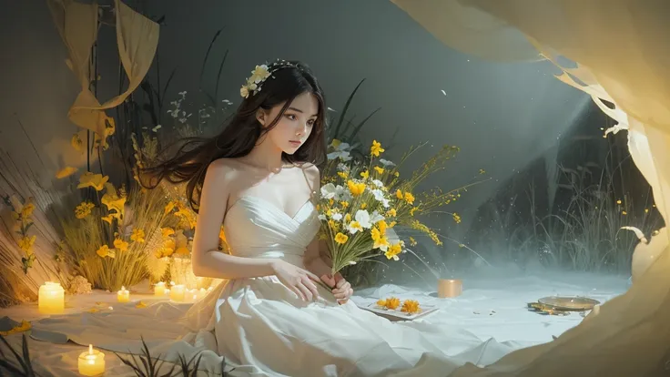 32k, Masterpiece, highest quality, One girl, Detailed eyes, flower,Sandersonia, Yellow and white style,A dreamy, romantic piece,Pale orange, Mysterious Leaves,A playful arrangement,Fantasy,High Contrast,Ink strokes,explosion,Exposure, Impression of yellow ...