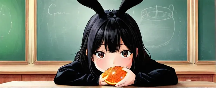 black bunny grapefruit on face sitting at table on school