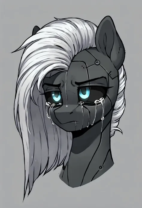 earth pony, white mane,light blue cybernetic eyes, cybernetic body,black sclera ,black body color  shorter mane sad, crying