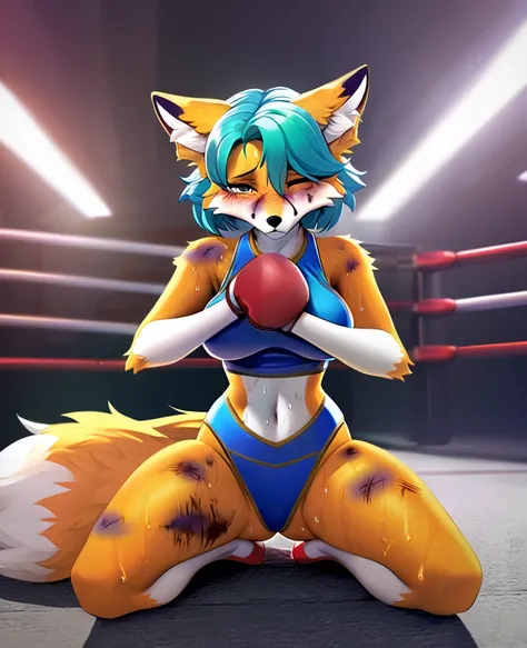 Detailed image, High quality, 4K, detailed face, anime style, bottom view, single female fox, furry, Fluffy fur, lush breasts, bruises on the face and torso, all sweaty, very tired, pretty haircut, in a sexy boxing outfit, in boxing gloves, kneeling with h...