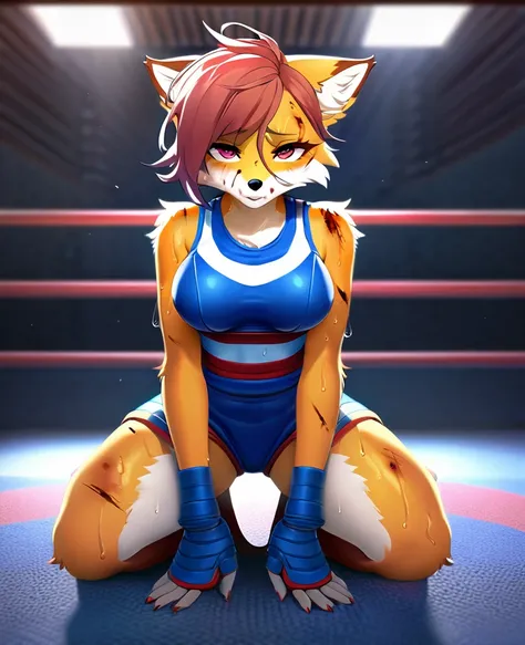 Detailed image, High quality, 4K, detailed face, anime style, bottom view, single female fox, furry, Fluffy fur, lush breasts, bruises on the face and torso, all sweaty, very tired, pretty haircut, in a sexy boxing outfit, in boxing gloves, kneeling with h...