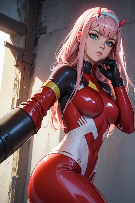 1 chica, ((Zero Two Darling en el Franxx)), (((Red latex tight pants))), Vemos su, She is riding a , inclinado sobre un escritorio, Perfecto, Ella abre su, desnudo, ((La luz viene de abajo) ), ((Lighting comes from the ground)), ((Hermosa forma de)), ((cab...