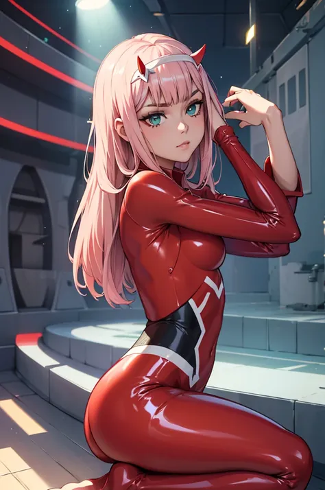 1 chica, ((Zero Two Darling en el Franxx)), (((Red latex tight pants))), Vemos su, She is riding a , inclinado sobre un escritorio, Perfecto, Ella abre su, desnudo, ((La luz viene de abajo) ), ((Lighting comes from the ground)), ((Hermosa forma de)), ((cab...