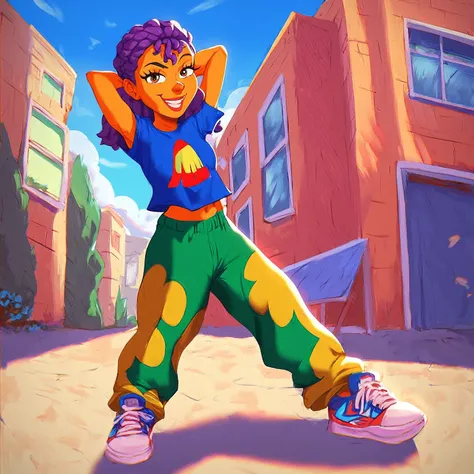 score_8_up, score_9, 1girl, Reggie, purple hair, outdoors, hands behind head, blue t-shirt, csmo pants, sneakers, posing , smiling, looking on viewer, shows middle finger,