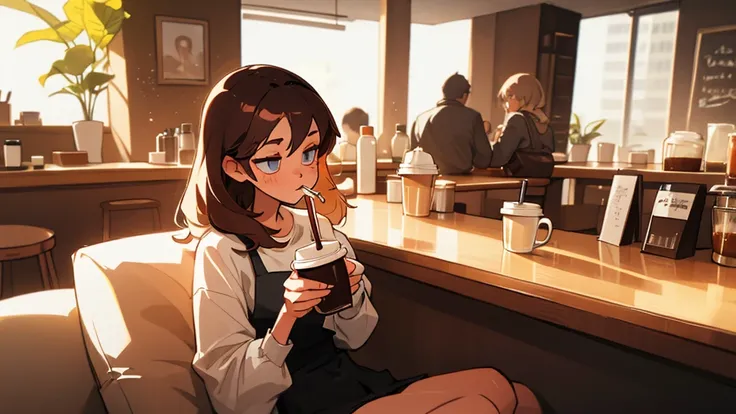 best quality, Girl drinking coffee in a room