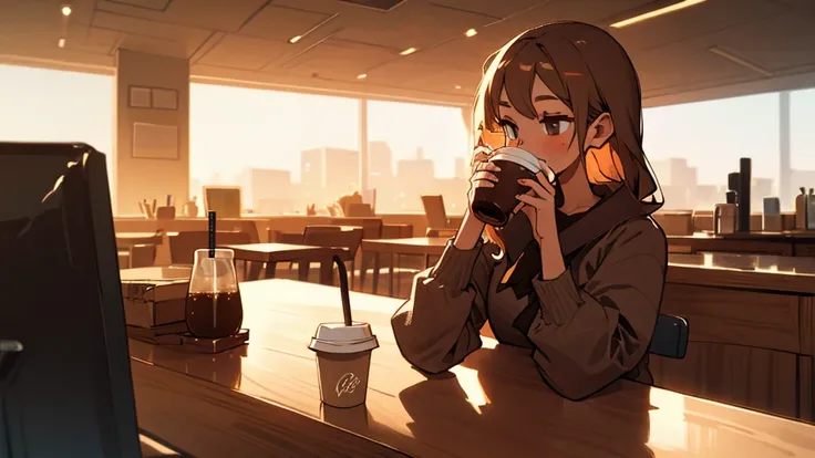 best quality, Girl drinking coffee in a room