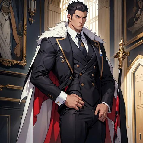 Big body, Man

1. Attire.
   - The figure is wearing a white double-breasted suit with a dark tie and a vest underneath. The suit is adorned with several buttons, and the overall appearance is very sharp and formal.
   - Over the suit, the figure has a lar...