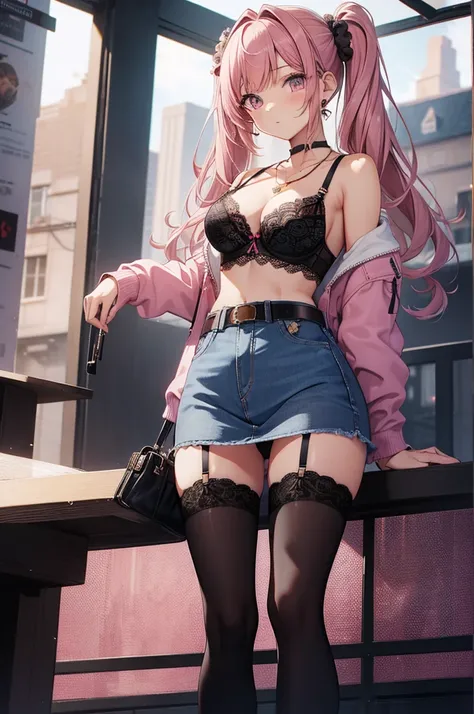 masterpiece, highest quality, pretty girl, 16 , Scrunchie hair ornament, Twin-tail denim pencil mini skirt, pantyhose, Leg belt, necklace, skinny , Pink and black bra,((showing off lace panties)),Two-handed pistol,pistol