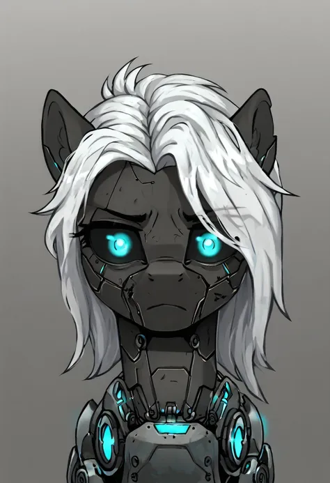 earth pony, white mane,light blue cybernetic eyes, cybernetic body,black sclera ,black body color  shorter mane worried look