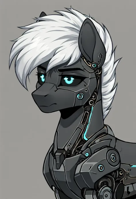 earth pony, white mane,light blue cybernetic eyes, cybernetic body,black sclera ,black body color  shorter mane worried look