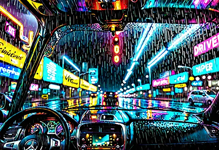 a night in the rain on busy highway, (view from the drivers seat:2.0), car taillights, car back view, cinematic, moody lighting, dramatic atmosphere, neon lights, dystopian, neon city, cyberpunk, realistic, photorealistic, 8k, hyper detailed, masterpiece, ...