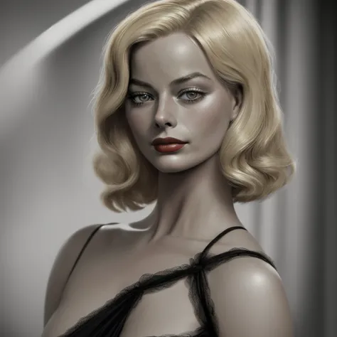 1930s American blonde woman, Looks like Margot Robbie, noir movie, realistic expression, portrait