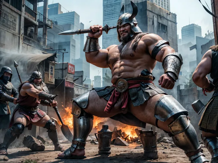 looking at us, Staring Intently, face focus, Bandit, Fat ferocious barbarian:2, This barbarian is a robust stocky Japanese, smirking, mid combat, intense battle scene, leather and iron armor, armored short skirt, holding a Viking War Axes, viking helmet, l...