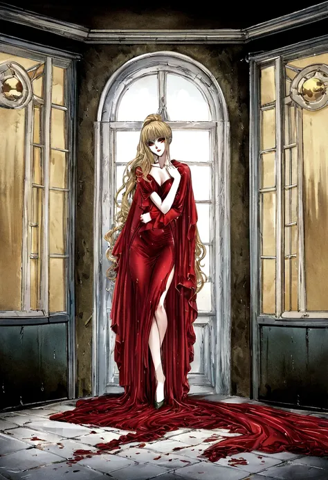 Photo of vampire standing in front of her house, An exquisitely beautiful female vampire at the front door of her home, whole body (Super detailed, masterpiece, best quality), Super detailed face (Super detailed, masterpiece, best quality), Gray skin: 1.3 ...