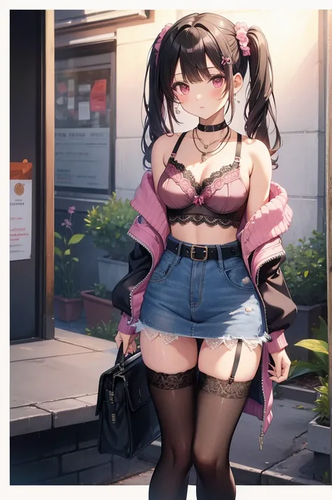 masterpiece, highest quality, pretty girl, 16 , Scrunchie hair ornament, Twin tails,denim pencil mini skirt, pantyhose, Leg belt, necklace, skinny , Pink and black bra,((showing off lace panties)),Pistol,Hold a pistol,Assassin