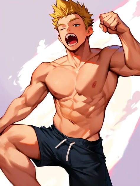 score_9, score_8_up, score_7_up, score_6_up, boy, blonde hair, spiked hair, one eye closed, yawning, shirtless, black shorts, cool, front, muscular, looking at viewer, simple white background, dynamic pose, concept art, RinotunaYei, 