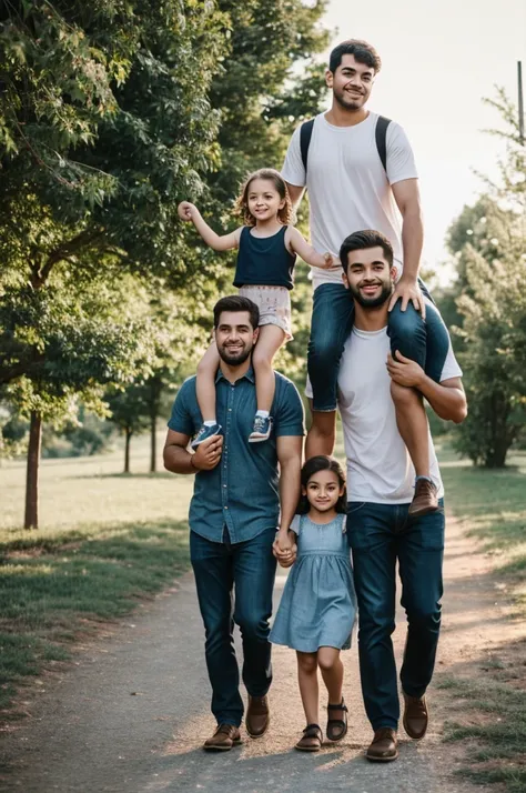 A dad with a big daughter holding hands, another son of average height holding the other hand and a small daughter carried on his shoulders 