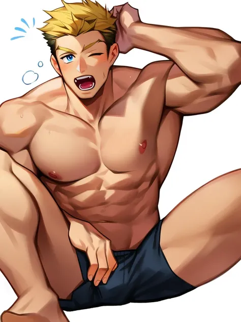 score_9, score_8_up, score_7_up, score_6_up, boy, blonde hair, one eye closed, yawning, shirtless, black shorts, cool, front, muscular, looking at viewer, simple white background, dynamic pose, concept art, RinotunaYei, 