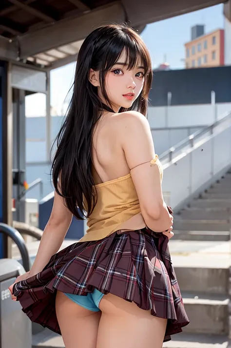 1girl,perky breasts,semi-long hair,deep black hair,straight hair,expressionless,looking back,mouth mask,perfect eyes,blue eyes,groomed eyebrows,
BREAK ,cardigan,tartan check skirt,frilled panties,upskirt,
BREAK from behind,dutch angle,outdoor,station,escal...