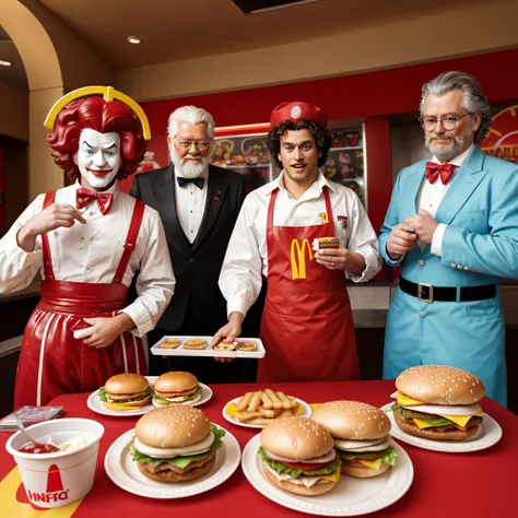 a couple of Ronal McDonald, The Burger King, and The KFC The Colonel all standing next to each other, serving happy meals, image of ronald mcdonald, mcdonalds, michelangelo painting, 🔞🤡, serving burgers, fast food review, hamburglar, messy hair, by Michela...