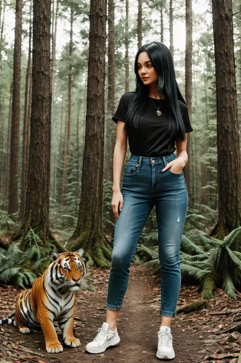 The girl standing in forest beside a tiger and realistic skinny long black hair and photo took from distance having modern dress like cut cut jeans and short shirt 