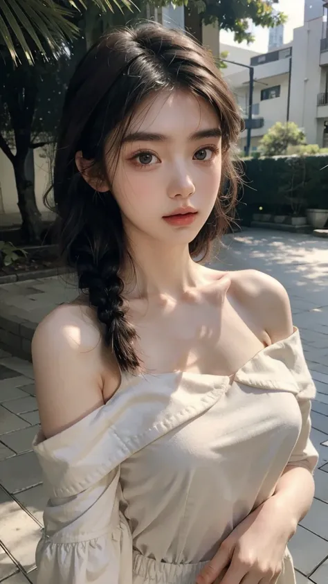 highest quality, masterpiece,(whole body),日本people女性１people, Tea hair, Green Eyes, White cloth, Off the shoulder, look up, Upper Body, hair, Fair skin, Side braid, Bokeh, Very high resolution, Perfect Girl, Adorable face, 16 years old, Front Face, Show off...