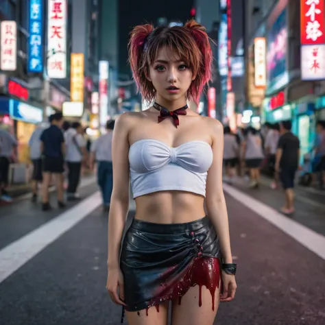 (8k, RAW photo, masterpiece:1.3), (realistic, photo-realistic:1.37), (night), (looking at viewer:1.331), (bloody hair), posing, Tokyo street, nightcityscape, cyberpunk city, soft light, topless girl, extremely beautiful face, bust, put down hands, Random h...