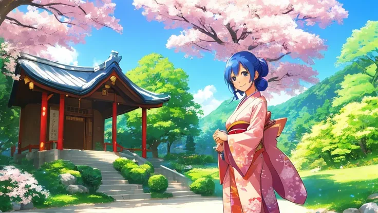 A flawless illustration, an anime-style illustration for Japanese music, a woman standing with a smile, a cherry blossom tree, a sunny sky