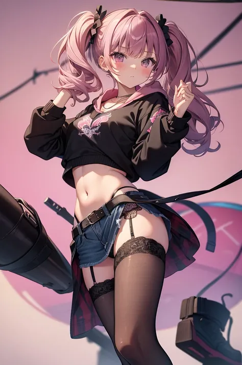 masterpiece, highest quality, pretty girl, 16 , Scrunchie hair ornament, Twin tails,denim pencil mini skirt,hoodie, Patterned stockings, Leg belt, necklace, skinny , Pink and black bra,((showing off lace panties)),Pistol,Hold a pistol,Assassin