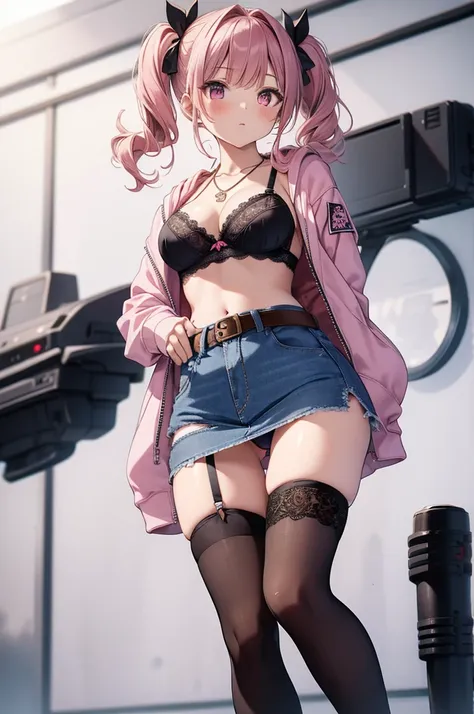 masterpiece, highest quality, pretty girl, 16 , Scrunchie hair ornament, Twin tails,denim pencil mini skirt,hoodie, Patterned stockings, Leg belt, necklace, skinny , Pink and black bra,((showing off lace panties)),Pistol,Hold a pistol,Assassin