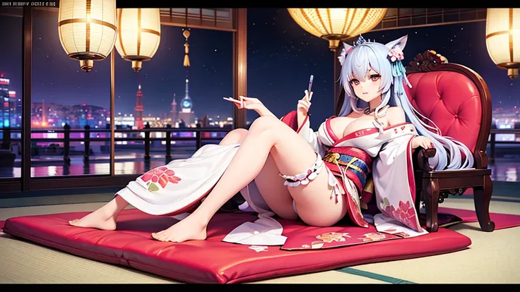 Look away。Turn away。Cool Beauty Fox Princess。Relax in a reclining chair with your legs stretched out。kimono。Big Breasts