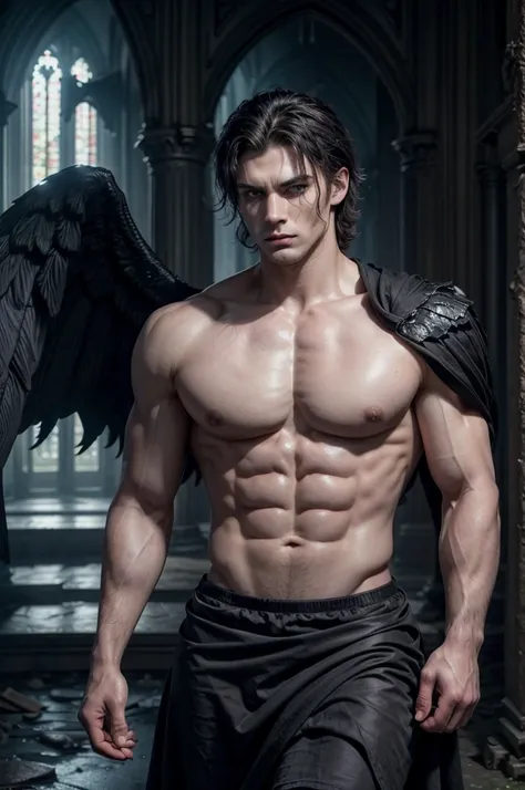 Photorealistic, ((best quality)), ((masterpiece)), (detailed), walking towards the camera, perfect face, masculine portrait , personification, (evil look), super pale skin, (massive huge majestic black angel wings:1.5), black dragon horns, 18-year-old, sup...