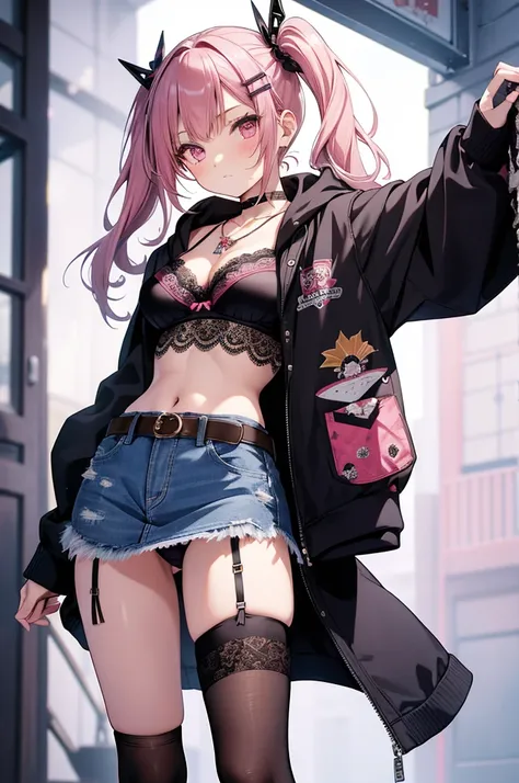 masterpiece, highest quality, pretty girl, 16 , Scrunchie hair ornament, Twin tails,denim pencil mini skirt,hoodie, Patterned stockings, Leg belt, necklace, skinny , Pink and black bra,((showing off lace panties)),sword,Japan holding a sword,Assassin