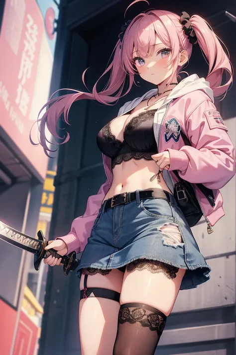 masterpiece, highest quality, pretty girl, 16 , Scrunchie hair ornament, Twin tails,denim pencil mini skirt,hoodie, Patterned stockings, Leg belt, necklace, skinny , Pink and black bra,((showing off lace panties)),sword,Japan holding a sword,Assassin