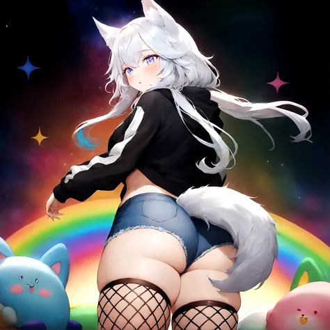 a cute adult male with wolf ears, long white hair, long locks, has a wolf tail, wearing a loose cropped oversized black hoodie, wearing a pair of denim short shorts and fishnet stockings, thick thighs, wide hips, relaxing on mound of fluffy multi colored k...